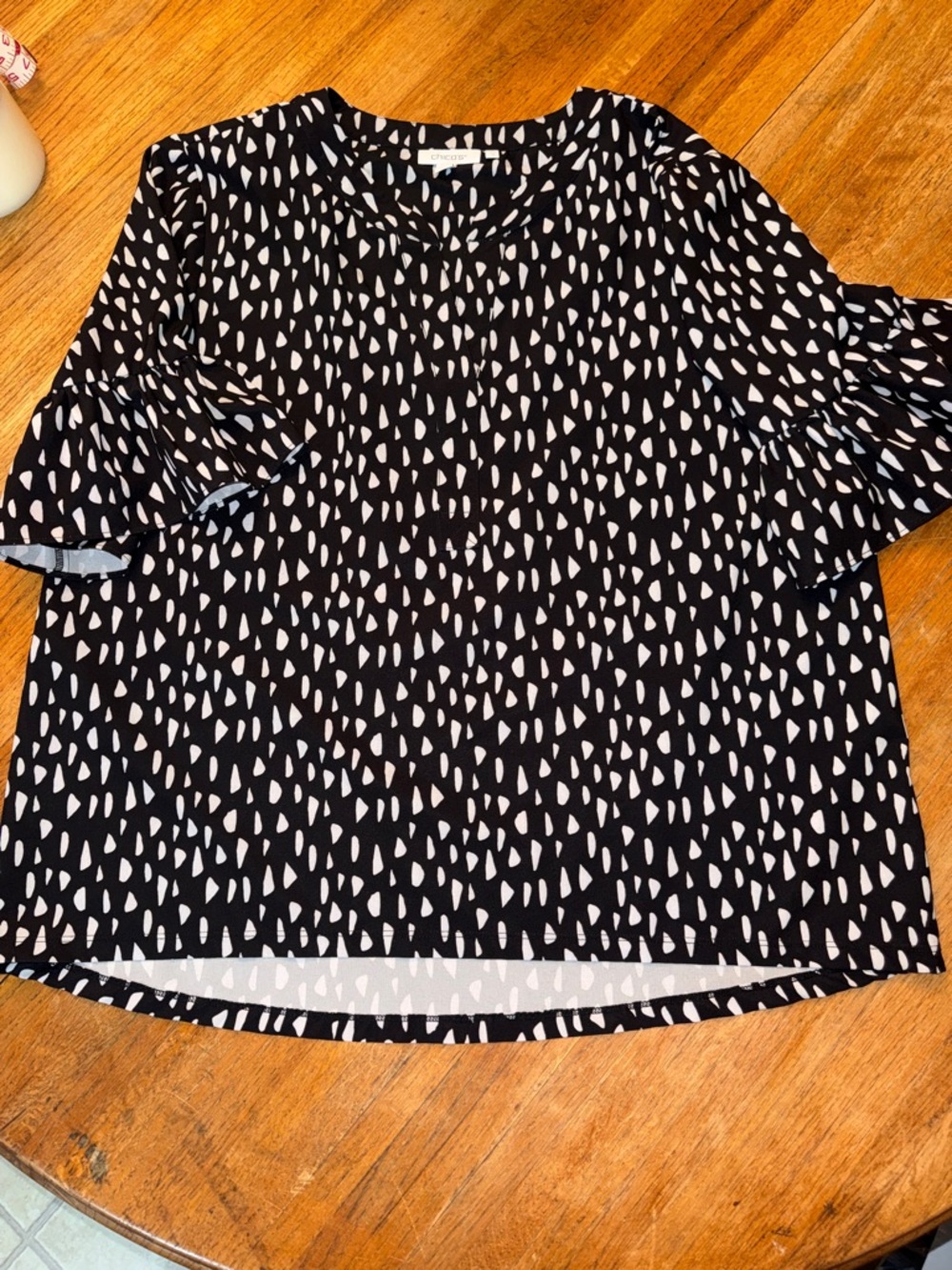 Chico's Black Top with White Abstract Dot Print and Ruffle Sleeves
